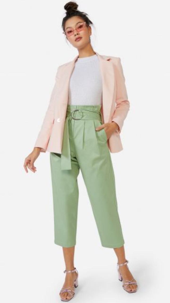 POPWINGS Women's Self-Design Flat-Front Mint Green Trousers & Pants