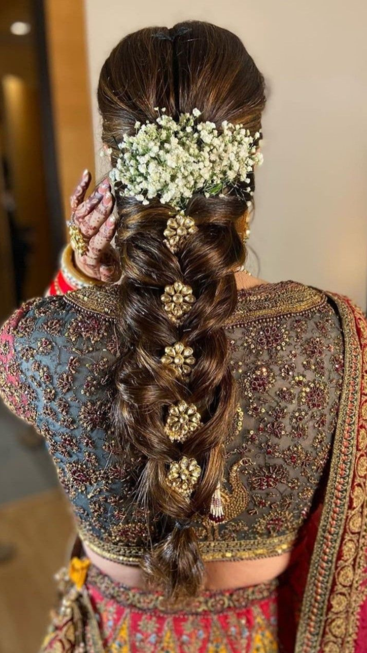 Easy Open Hair & Curly Braided Modern Hairstyle for Lehenga