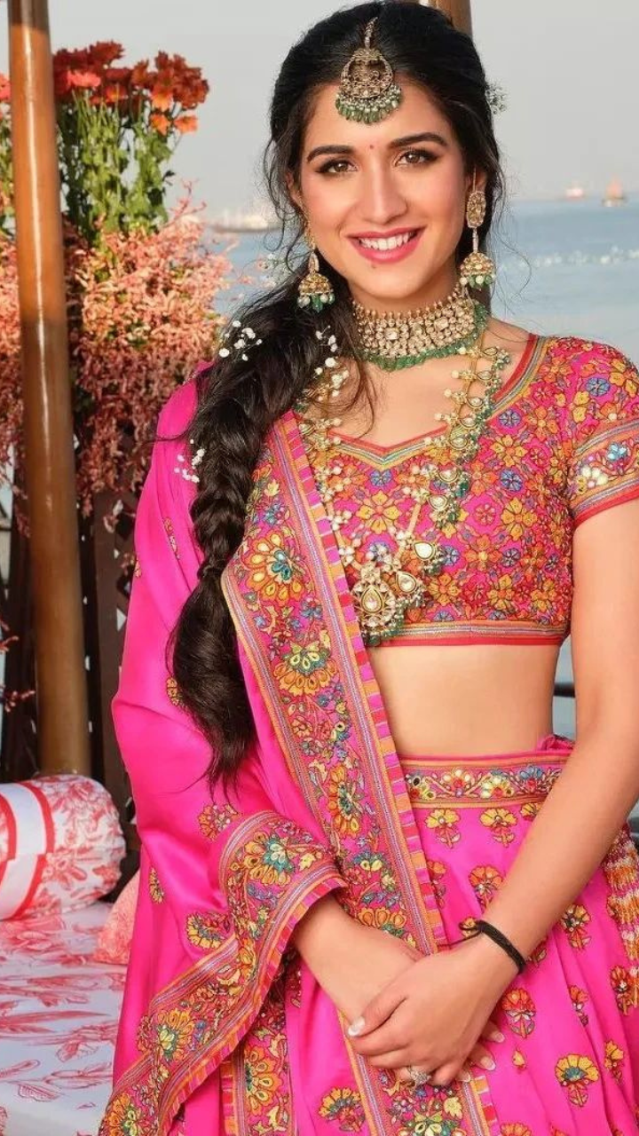 Shloka Ambani wears a pastel Anamika Khanna lehenga + jacket with emerald  and diamond necklace | VOGUE India
