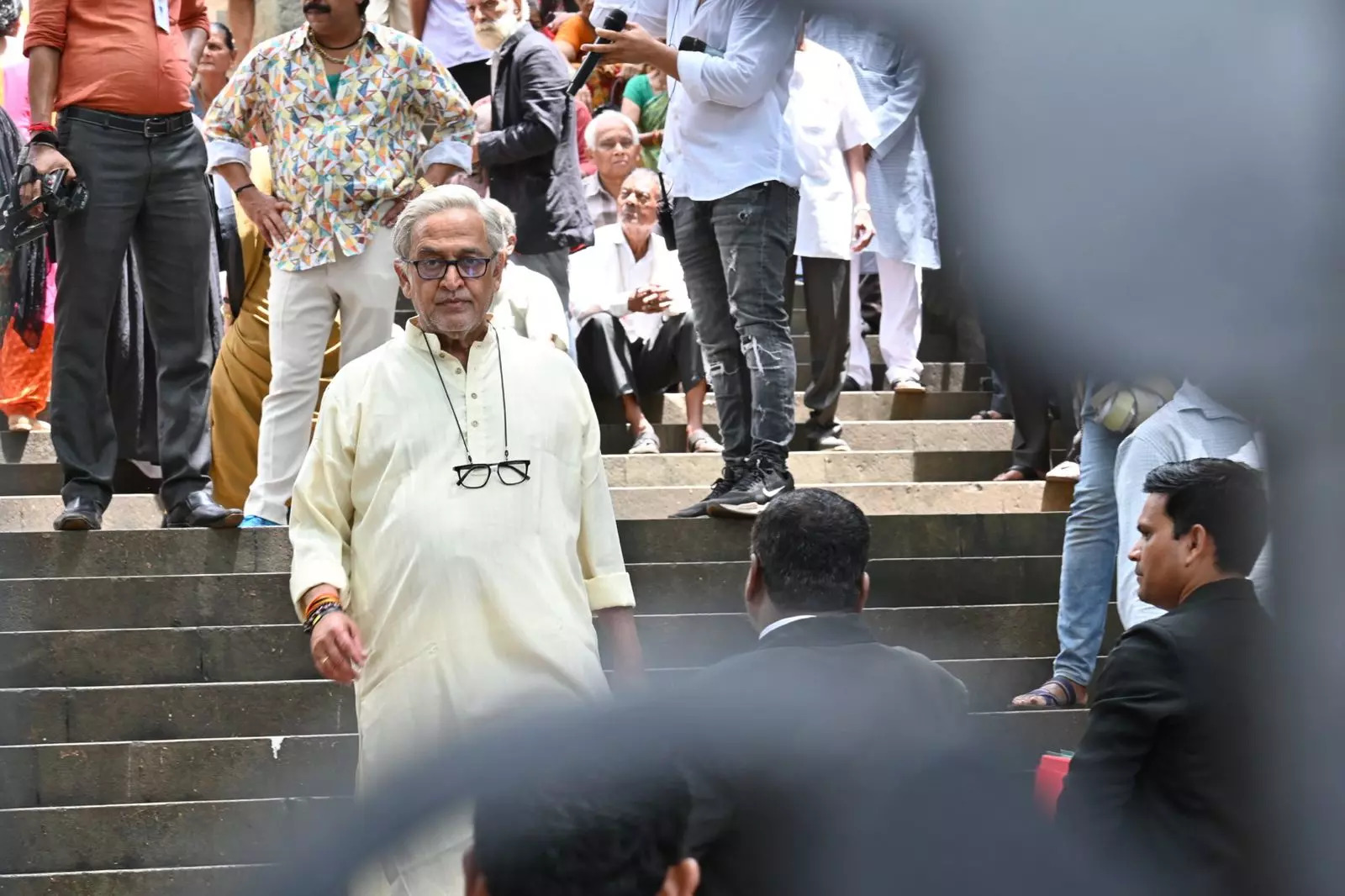 Mahesh Manjrekar got clicked as he was out busy filming 