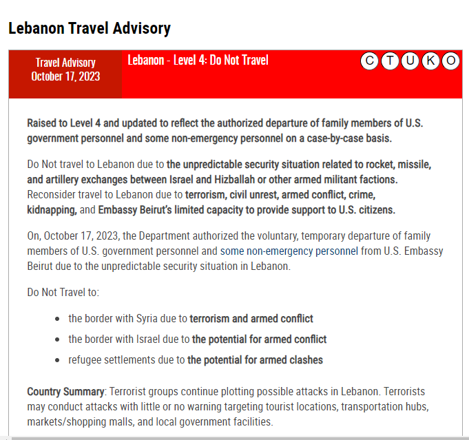 lebanon us travel advisory