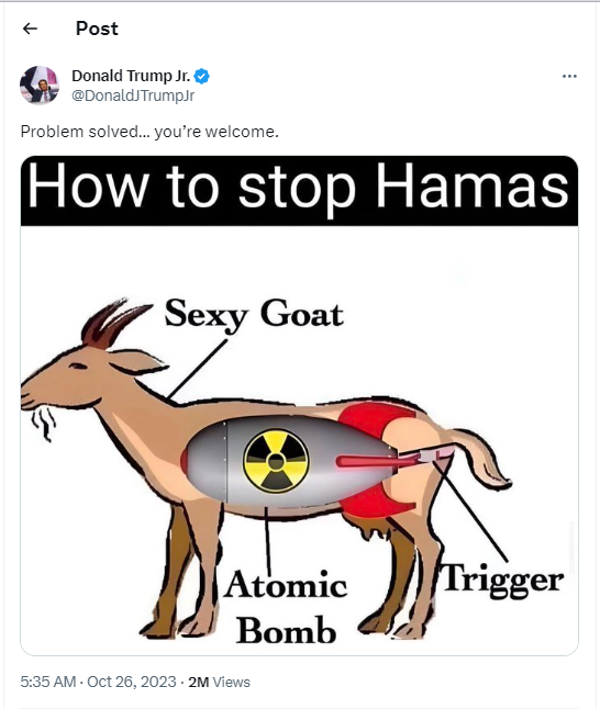 Donald Trump Jrs Sexy Goat Post On How To Stop Hamas Is A Bad Joke World News Times Now 
