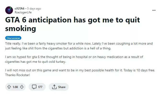A post shared by a user on Reddit mentions GTA 6 as the reason to quit smoking Pic Credit Reddit