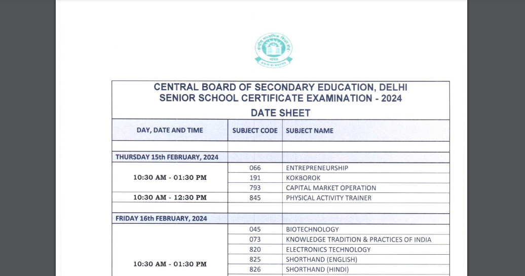 CBSE Date Sheet 2024 Released! CBSE 10th 12th Board Exams Begin Feb. 15 ...