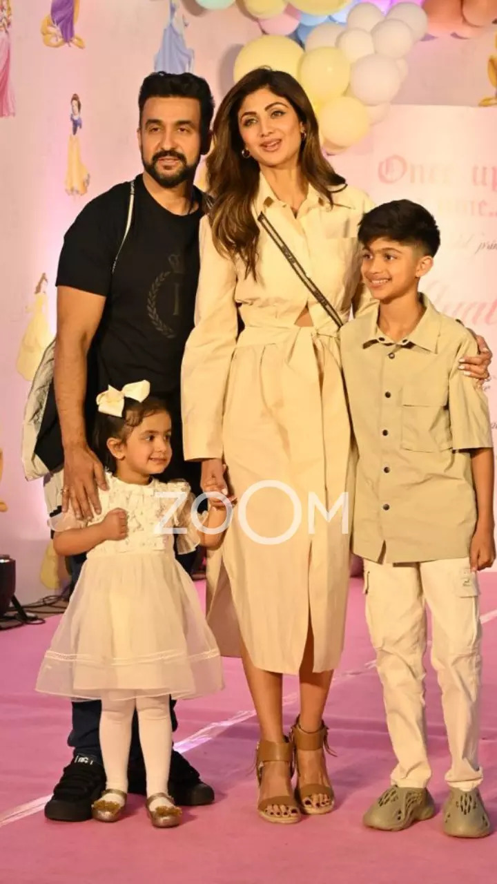 Shilpa Shetty Raj Kundra with their kids at the party