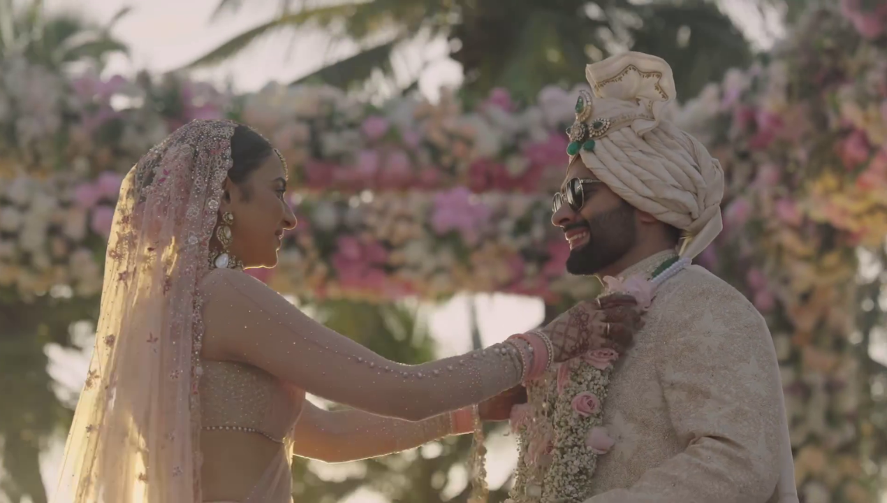 Garland Exchange in Floral Mandap