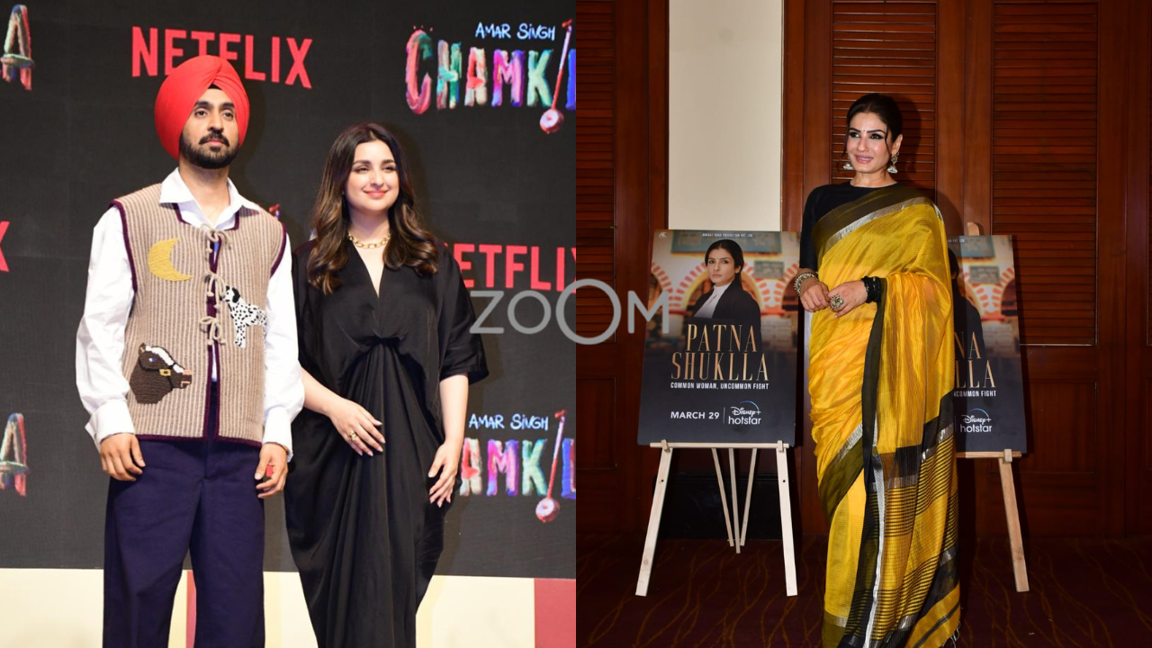 ZoomIn Diljeet Dosanjh-Parineeti Chopra Captured At Chamkilas Trailer Launch Raveena Tandon Promotes Patna Shuklla