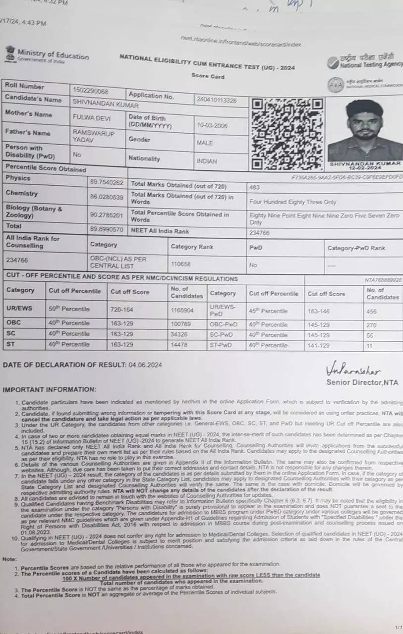 NEET 2024 Paper Leak Case: Marksheet of Arrested NEET Candidate ...