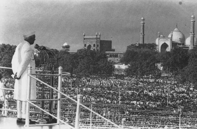 Prime Minister Nehru at the Red Fort on August 15, 1947 (Credit: WikimediaIndianExpress)