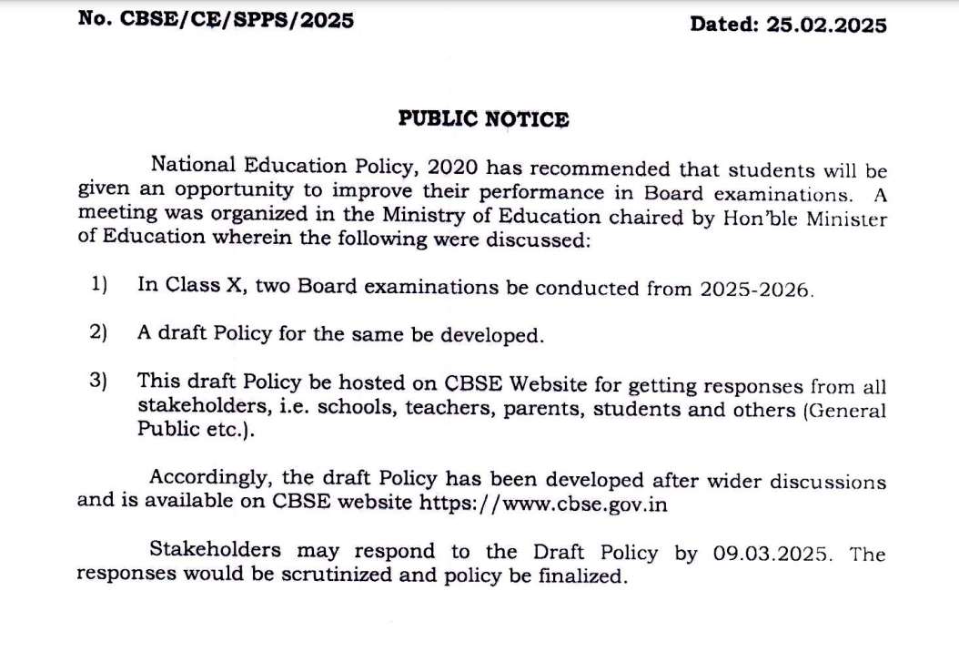 In Class X two Board examinations be conducted from 2025-2026 recommends CBSE