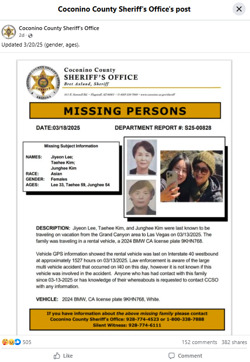 Facebook post by Coconino County Sheriff39S Office