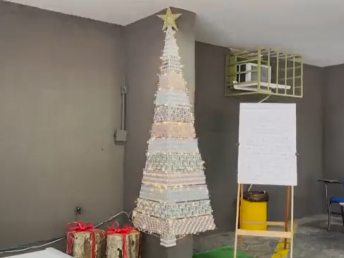 Christmas tree made from empty Covid and flu vaccine vials