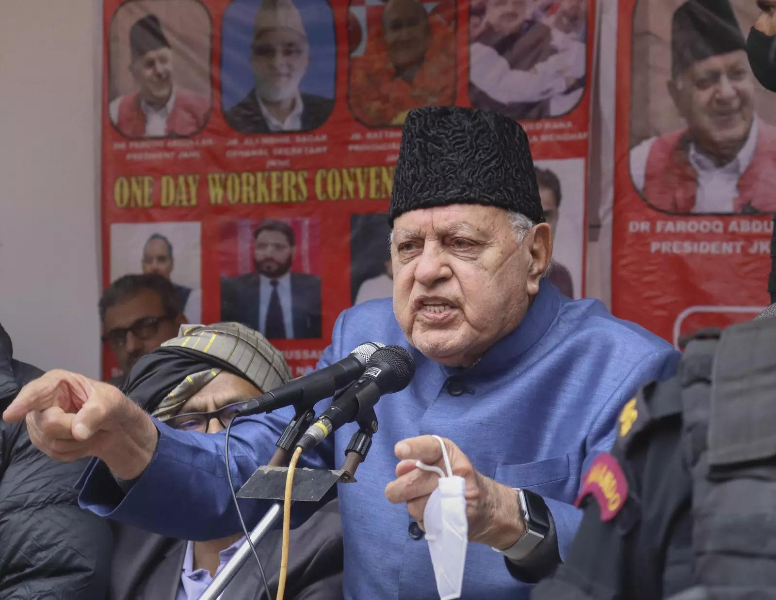 National Conference President Dr. Farooq Abdullah addresses during a pub...