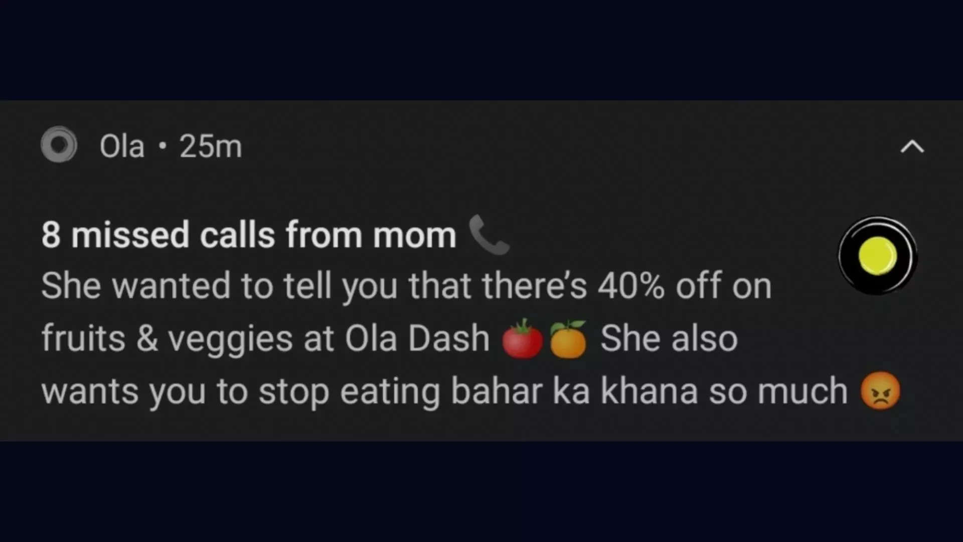 Ola's discount promo that reads, '8 missed calls from Mom'