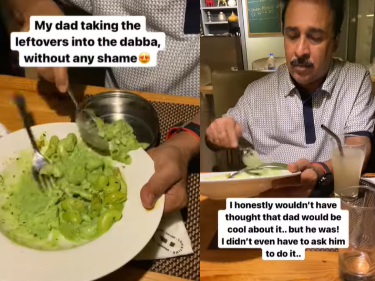 Desi dad packs leftover food in a DABBA at restaurant