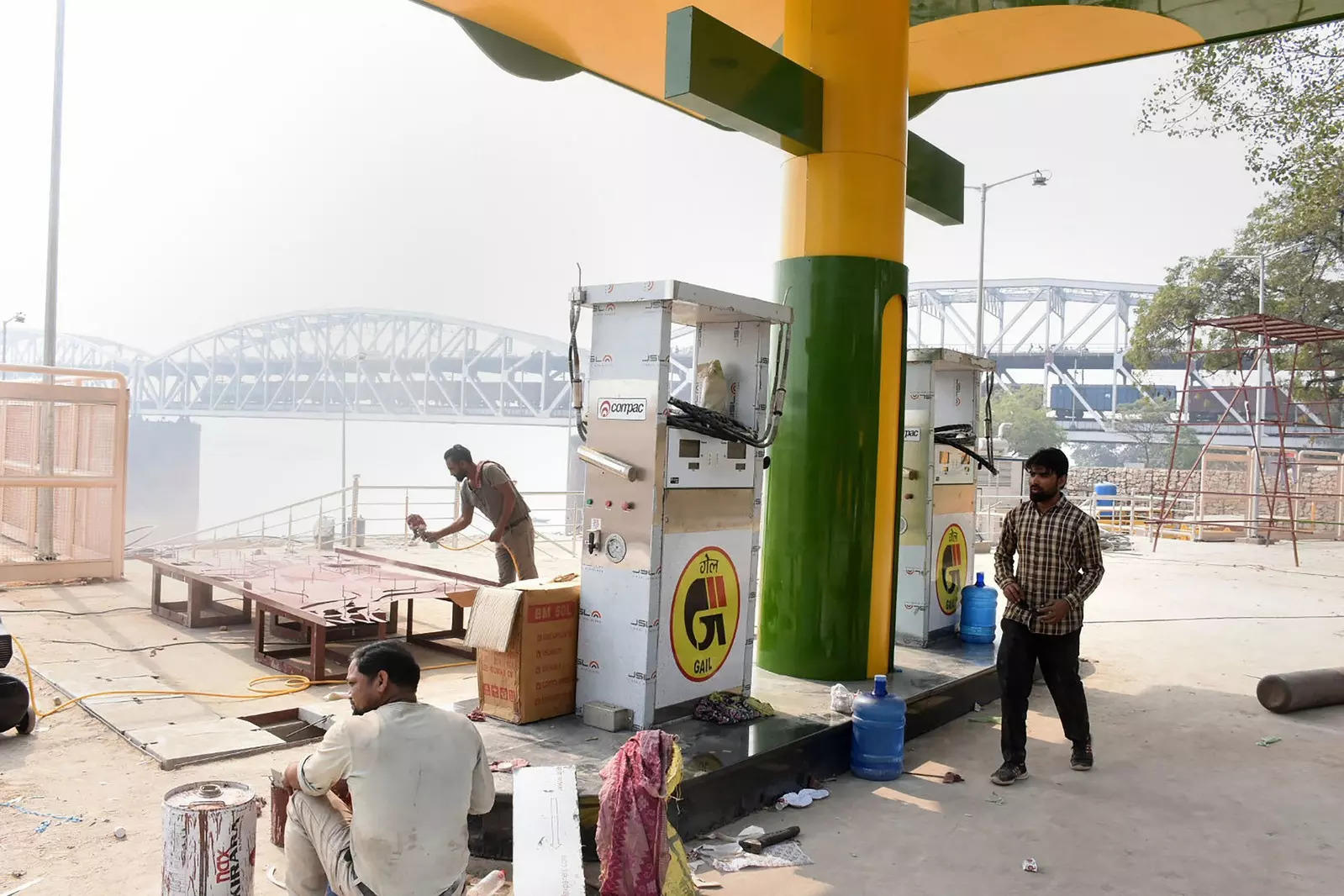 Workers construct CNG station at Khirkiya Ghat in Varanasi
