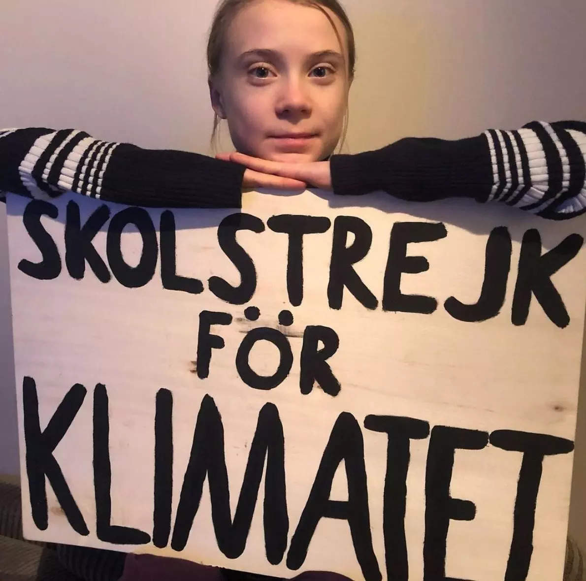 Greta Thunberg pictured with her climate campaign placard Image courtesy GreatThunbergInstagram