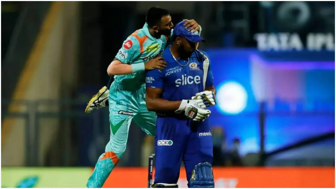 Krunal opted to plant a kiss on Pollard's head as the LSG bowler gave his former MI teammate a friendly send-off.