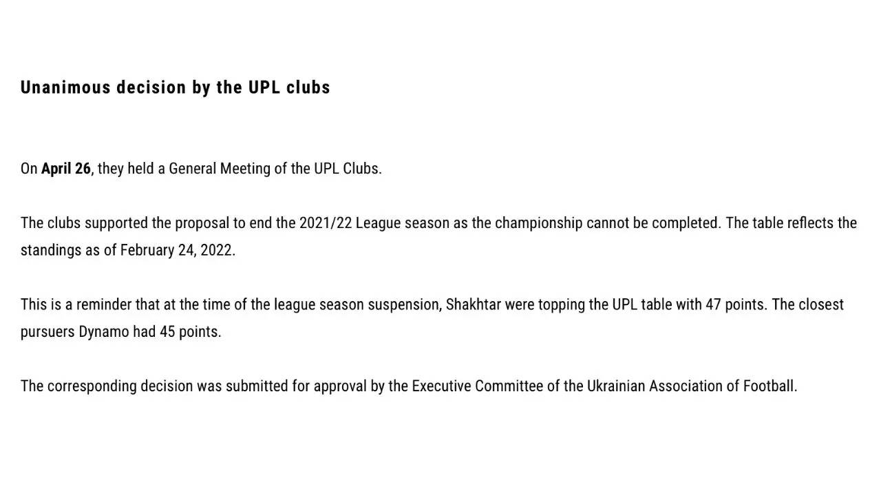 Ukrainian Premier League abandoned without a champion amid Russian invasion