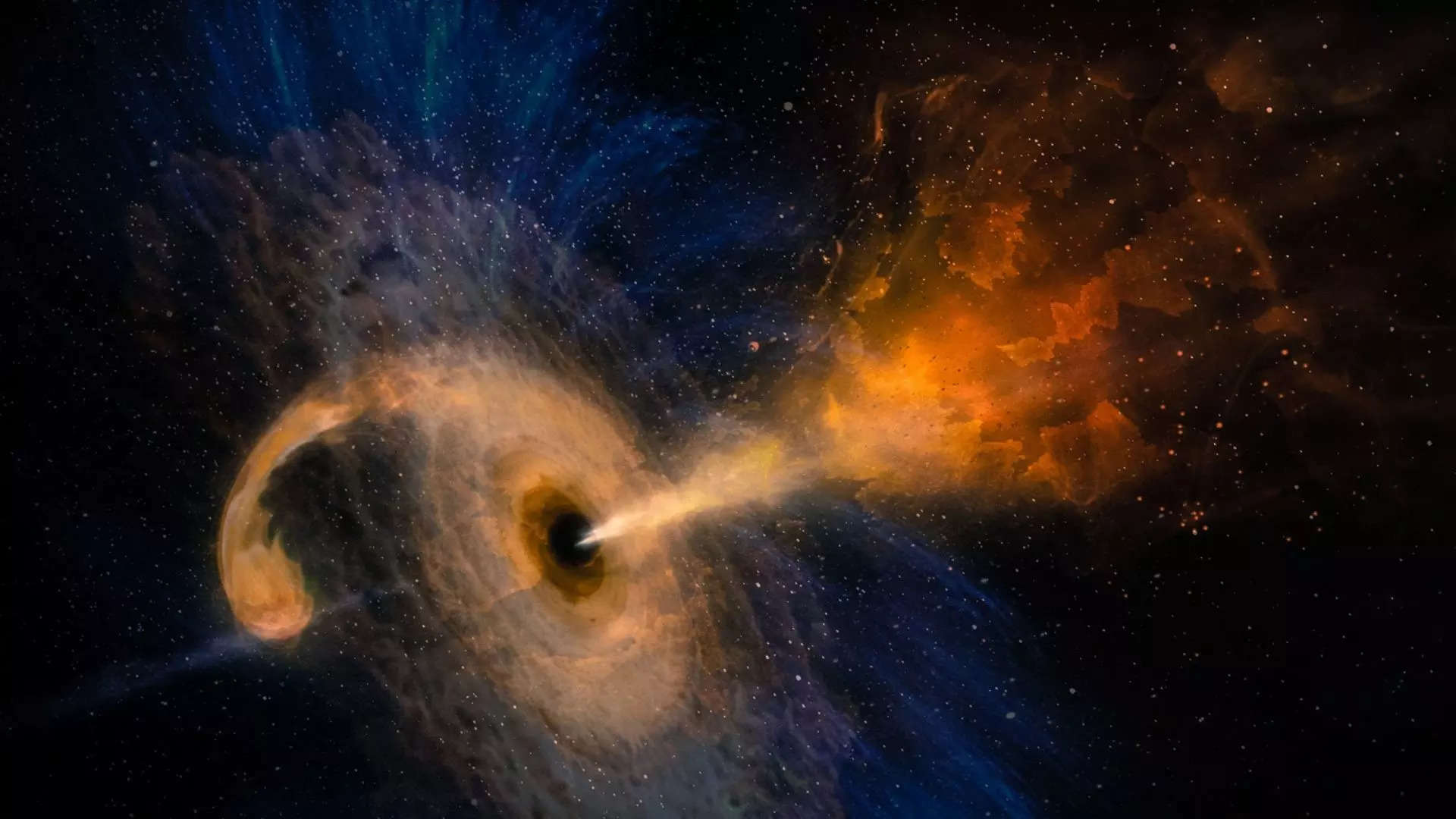 Illustration of a black hole's gravity tugging on an interstellar cloud
