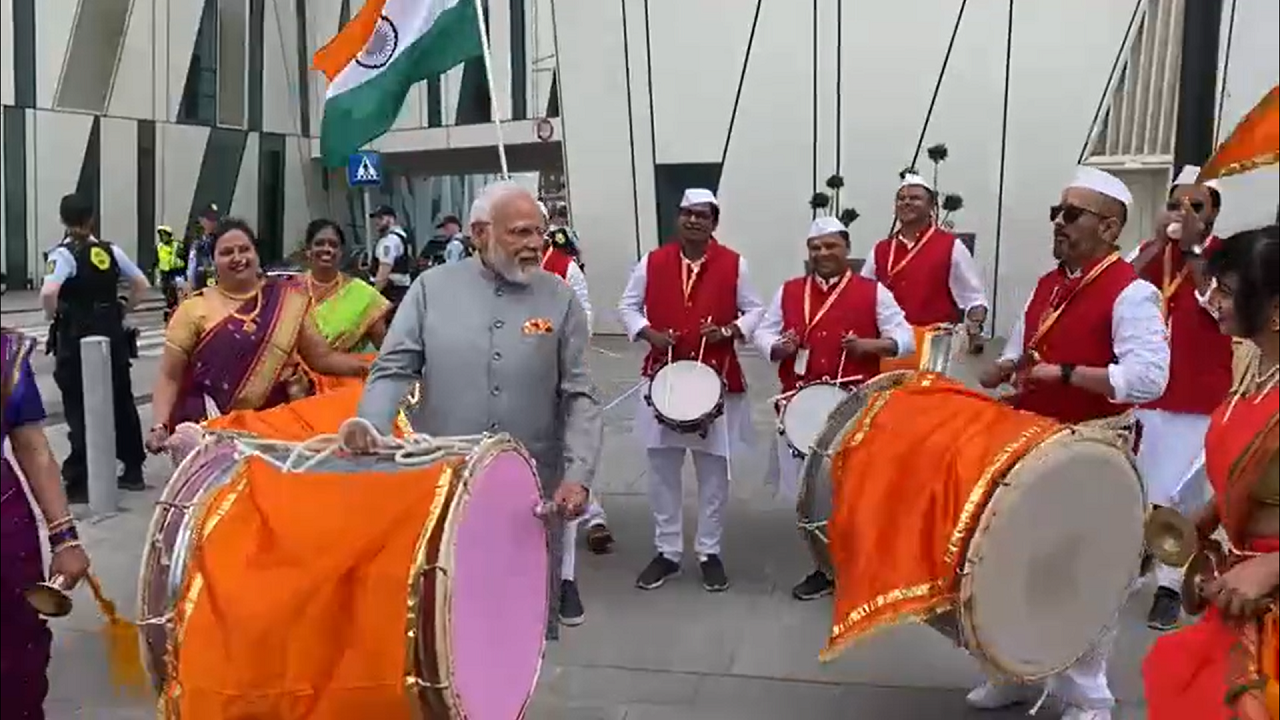 ​Prime Minister Narendra Modi plays dhol during visit to Denmark​