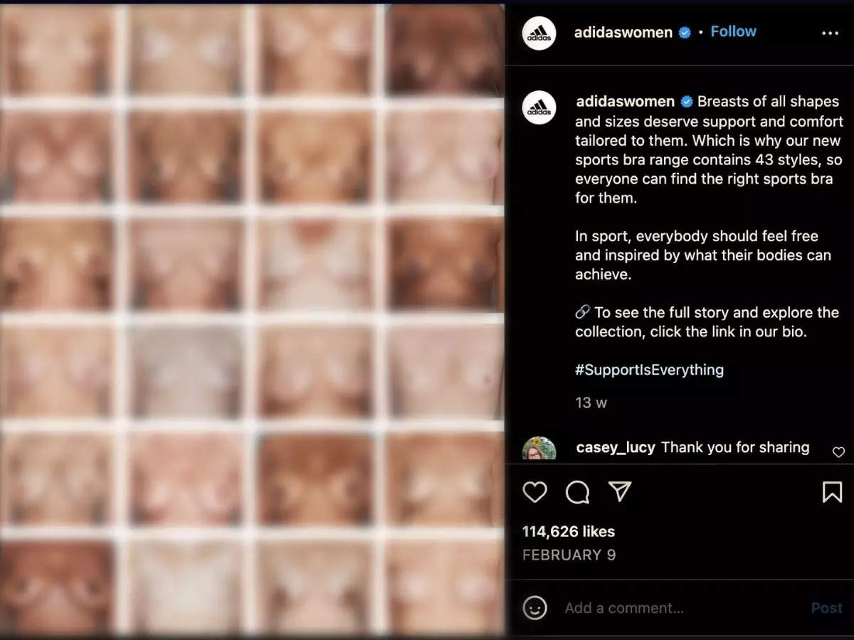 Adidas39 ad on Instagram featuring breasts of 24 women obscured by pixelation Image courtesy adidaswomen