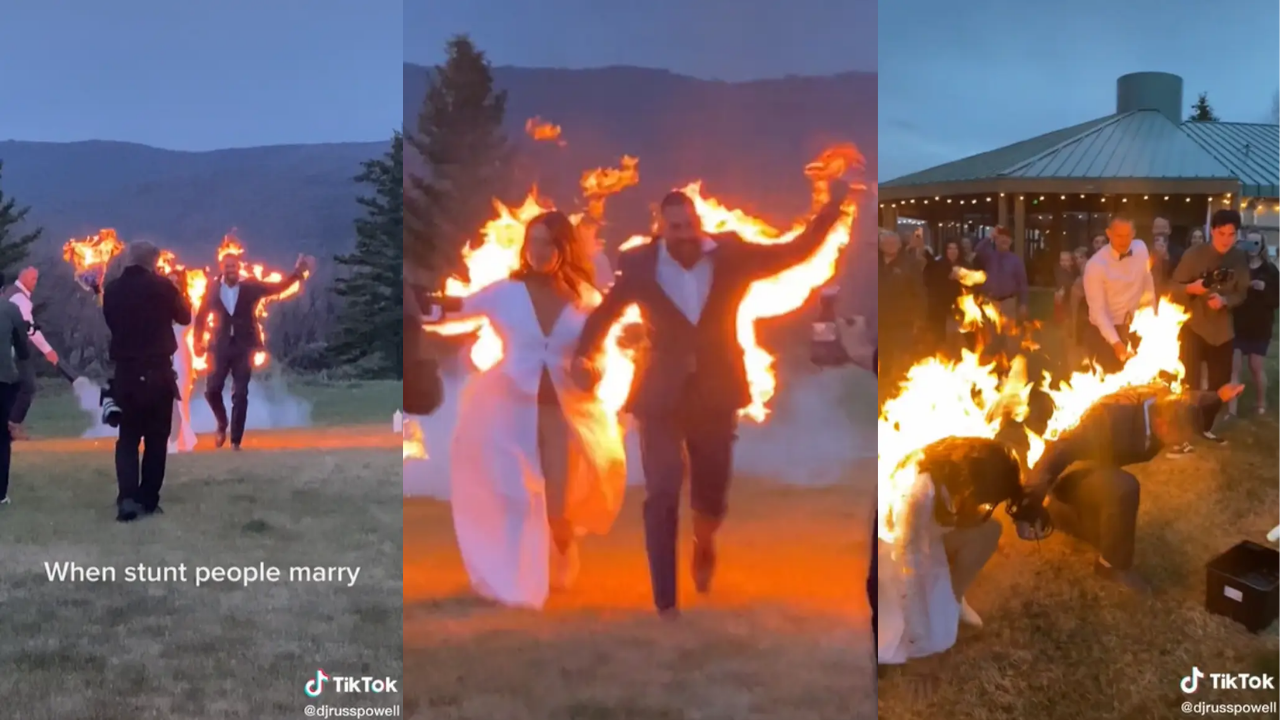 शादी के एग्जिट स्टंट में दूल्हा-दुल्हन ने खुद को लगाई आग