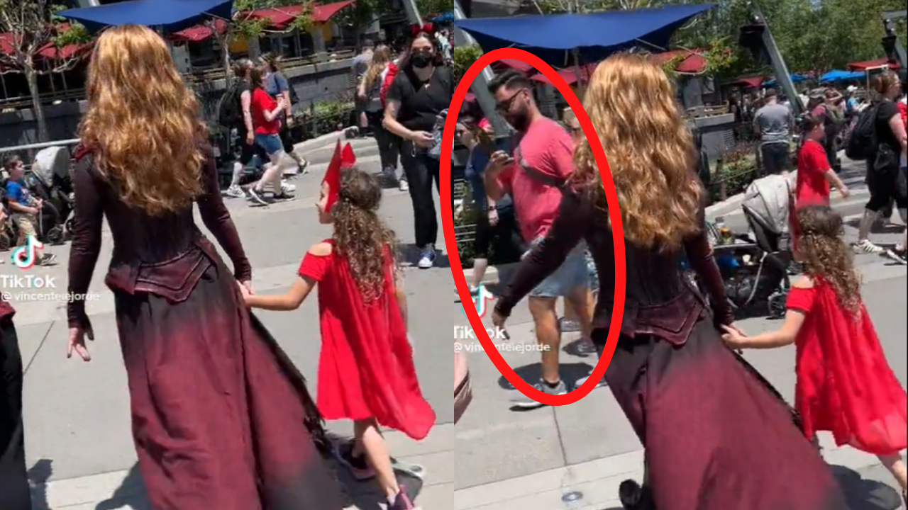 Man in red appears from nowhere in Disneyland Avengers Campus theme park viral video