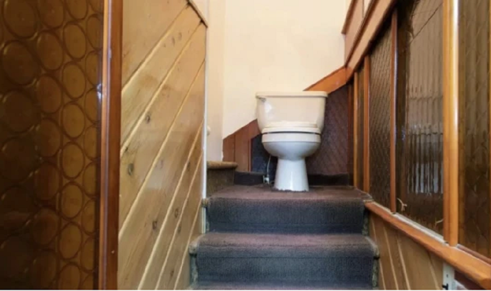 House with toilet seat on stairs