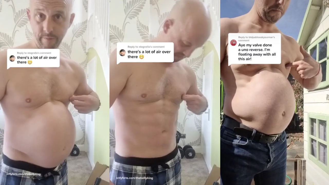 Man deflates belly into six-pack and then inflates it back