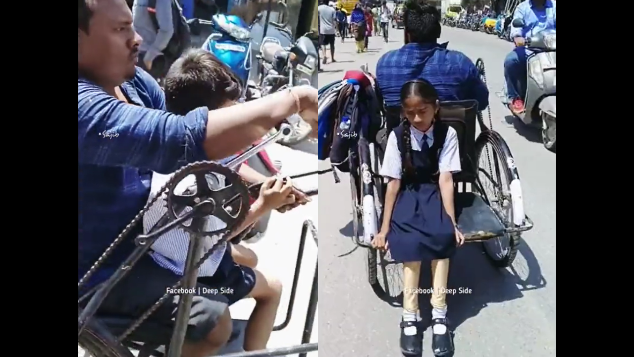 Specially-abled father drops his children to school on tricycle