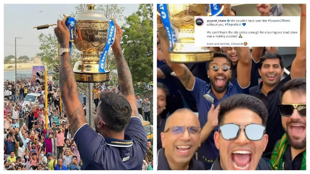 Thousands of fans saluted the members of the Gujarat Titans franchise who took out a victory parade on the open-top bus in Ahmedabad