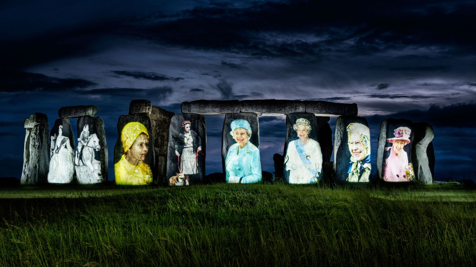 Supersize portraits of Queen Elizabeth II projected on Stonehenge to celebrate monarchs 70th anniversary