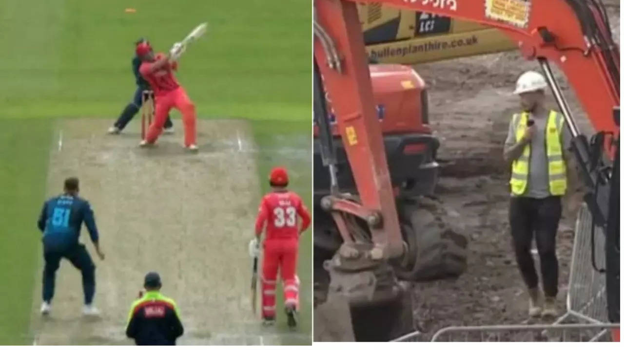 Watch Construction workers retrieve match ball after Liam Livingstones six lands out of the stadium
