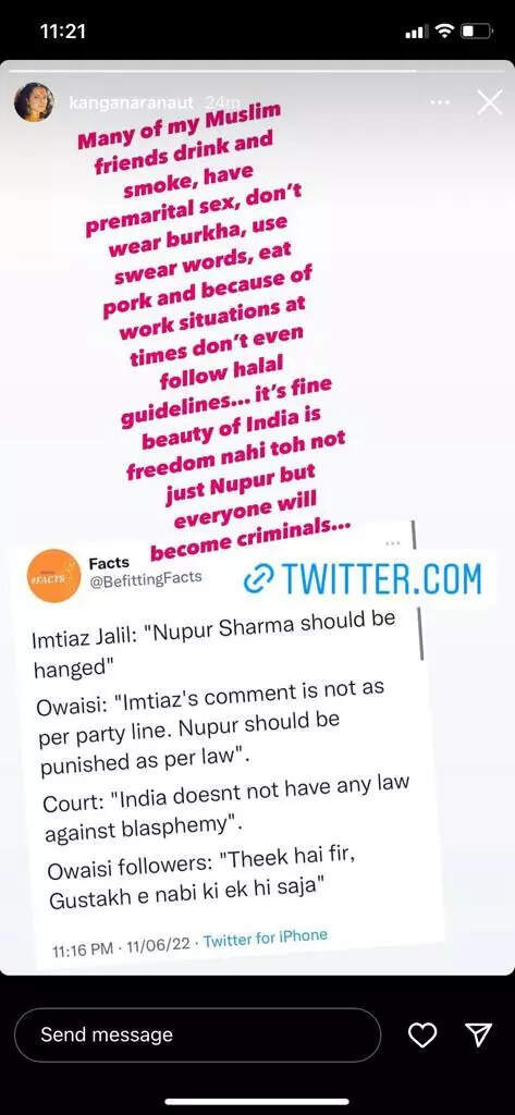 Kangana has once again taken to her Instagram Stories to share her opinion on the ongoing debate