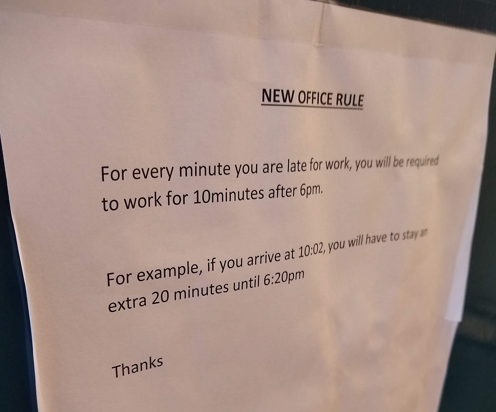 The boss has slammed an extreme office rule online that punishes staff for being a minute late
