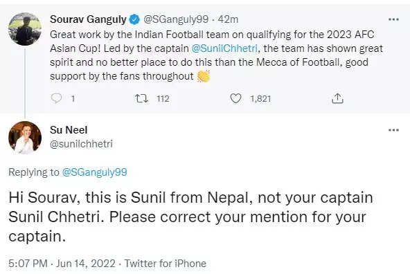 Sourav Ganguly tags wrong Sunil Chhetri in congratulatory tweet for Indian football team