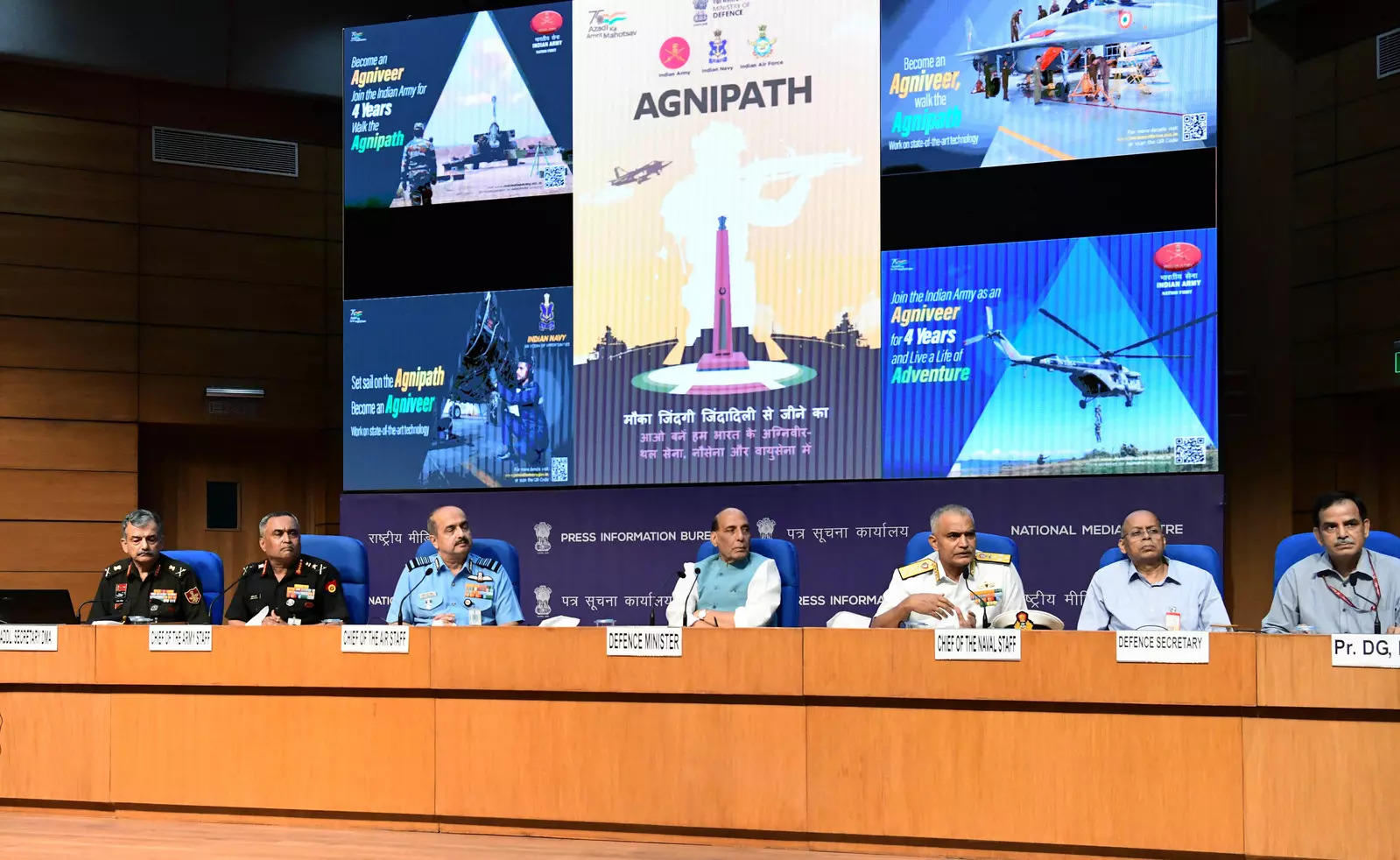 Defence Minister Rajnath Singh and three service chiefs during the announcement of Agnipath scheme