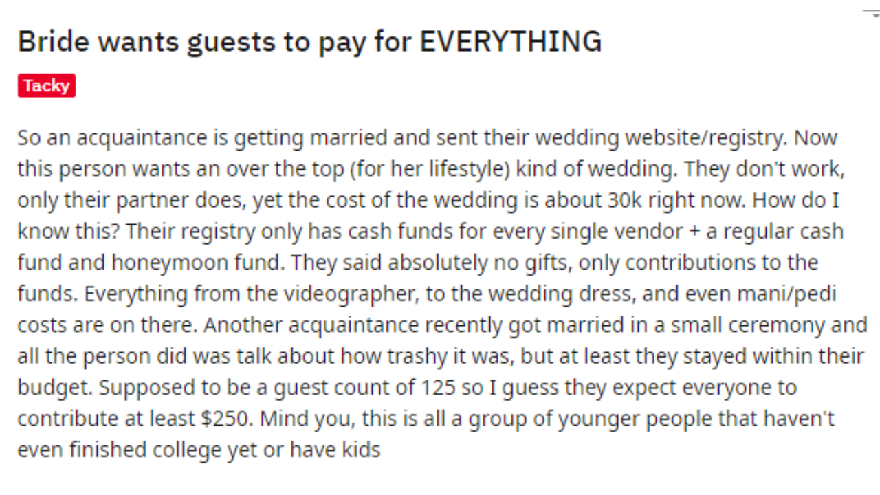 Bride having a Rs 23 lakh wedding wants guests to pay for everything from photographer and honeymoon