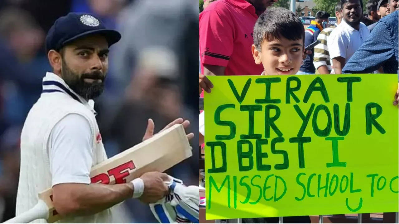 Missed school to see you Fan banner for Virat Kohli goes viral during the warm up match between India and LEI - see image