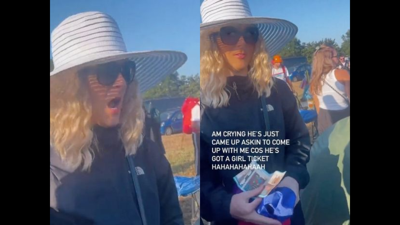 Seorang pria mengenakan wig dan gaun mencoba memasuki Festival Musik Glastonbury dengan tiket wanita