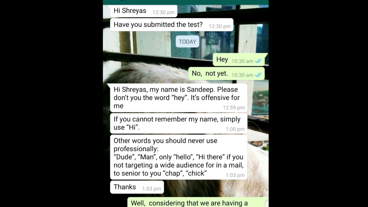 Boss offended as employee greets him with unprofessional Hey on WhatsApp chat people say block him for contacting on personal number