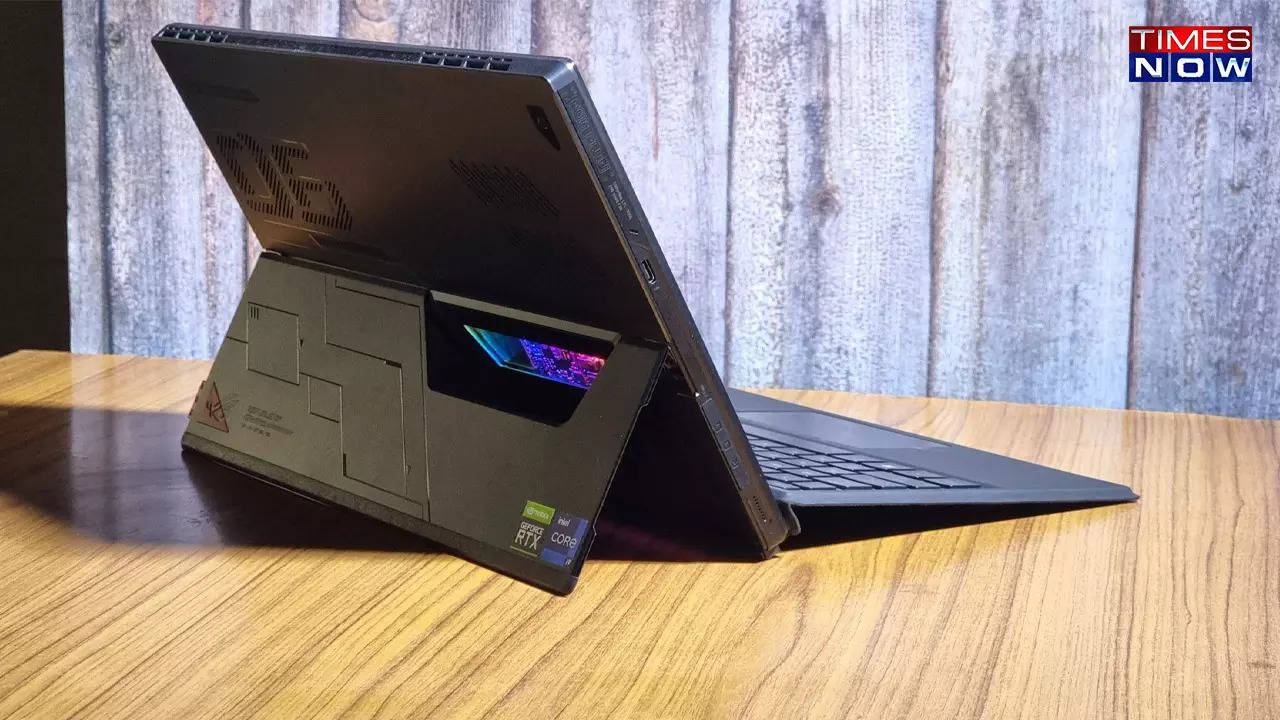 ROG Flow Z13 from the back with a window with the interior in RGB lighting