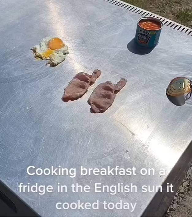 Man cooks bacon eggs and beans on top of a fridge using the heat from the sun amid the UK heatwave