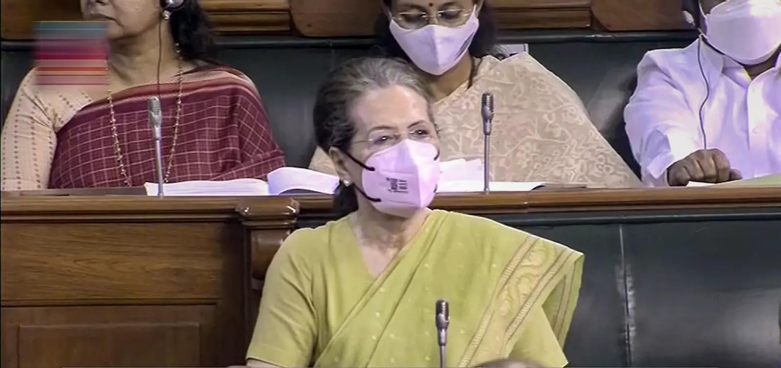 **EDS: TV GRAB** New Delhi: Congress MP Sonia Gandhi in Lok Sabha during the Mon...