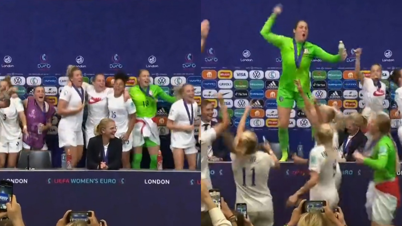 Watch England players gatecrash press conference while singing Its Coming Home after Women's Euro victory