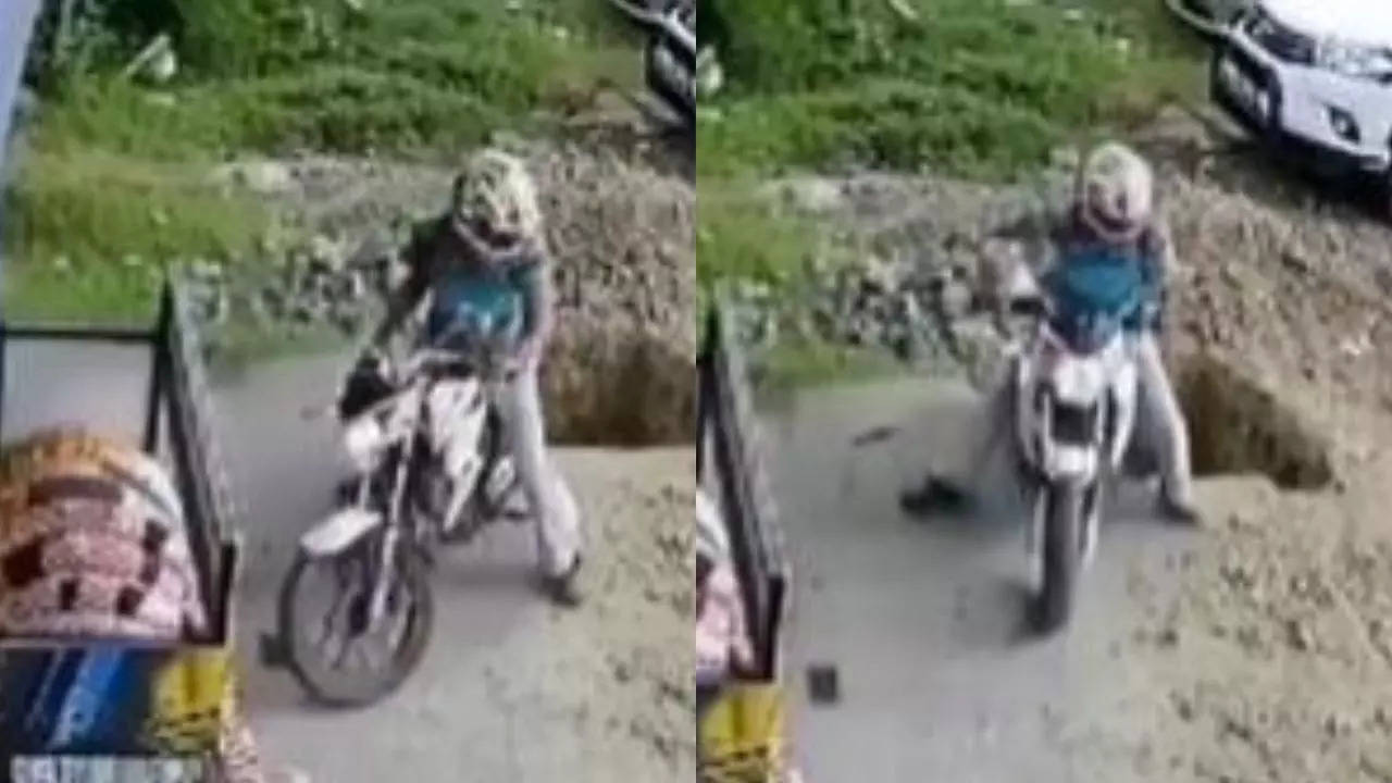 Journey to the centre of the earth Biker falls into a deep pit with his bike - Watch viral video