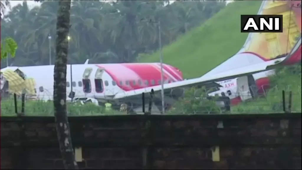Wreckage of Air India Express flight that crash-landed at Kozhikode International Airport