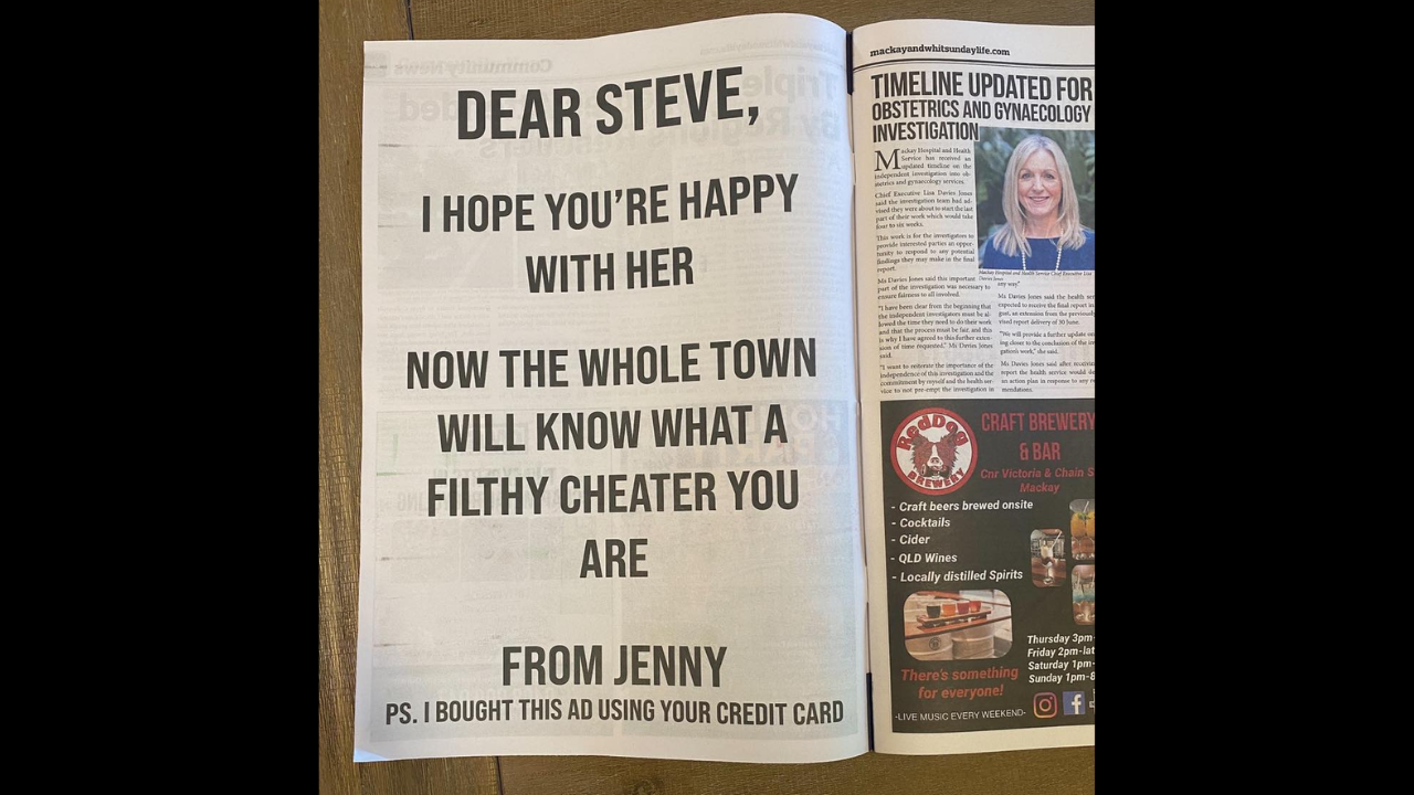 Woman gets a full-page ad printed in newspaper to call her partner a cheater