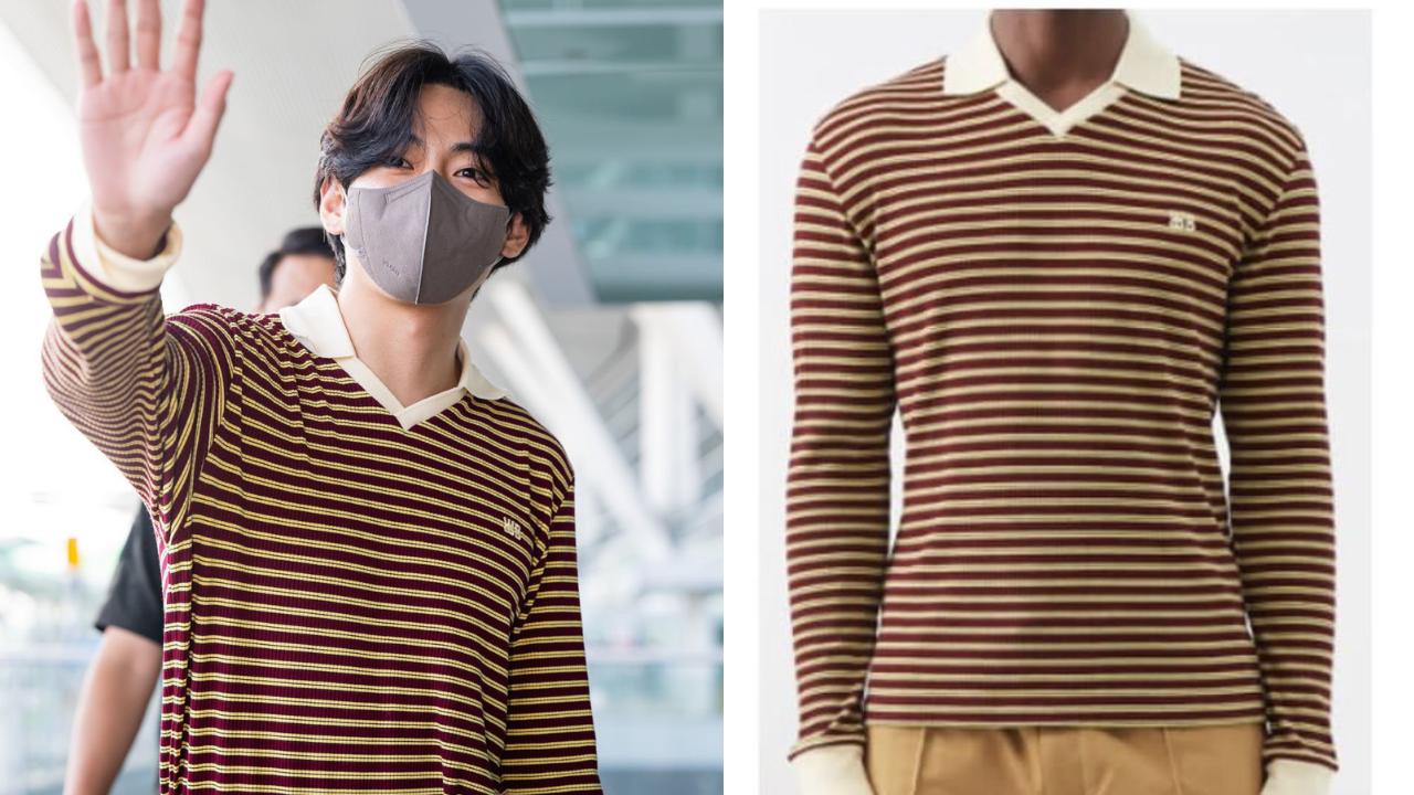 BTS Star V flies off for his solo schedule wearing a polo striped shirt worth 25000 rupees